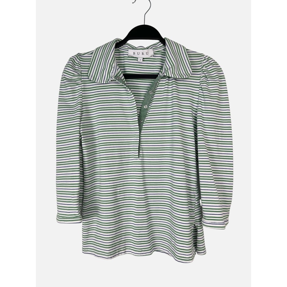 Buru Womens Green Striped 3/4 Puff Sleeve Top Metallic Lapel Preppy Polo Small